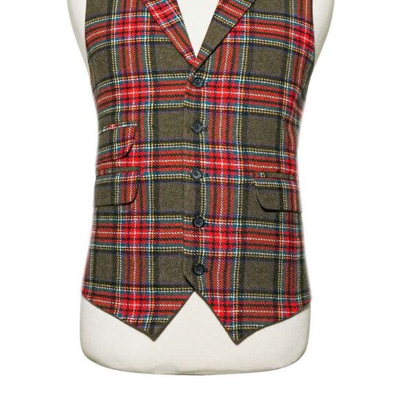 Mens 46R Wool Olive Green Red Tartan Plaid Vest Waistcoat Wedding Party Formal - Picture 4 of 8